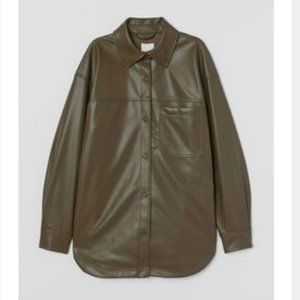H&M Faux Leather Shirt Jacket in Dark Khaki Green